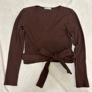 Brown Faux Wrap Front Top With Tie Detail